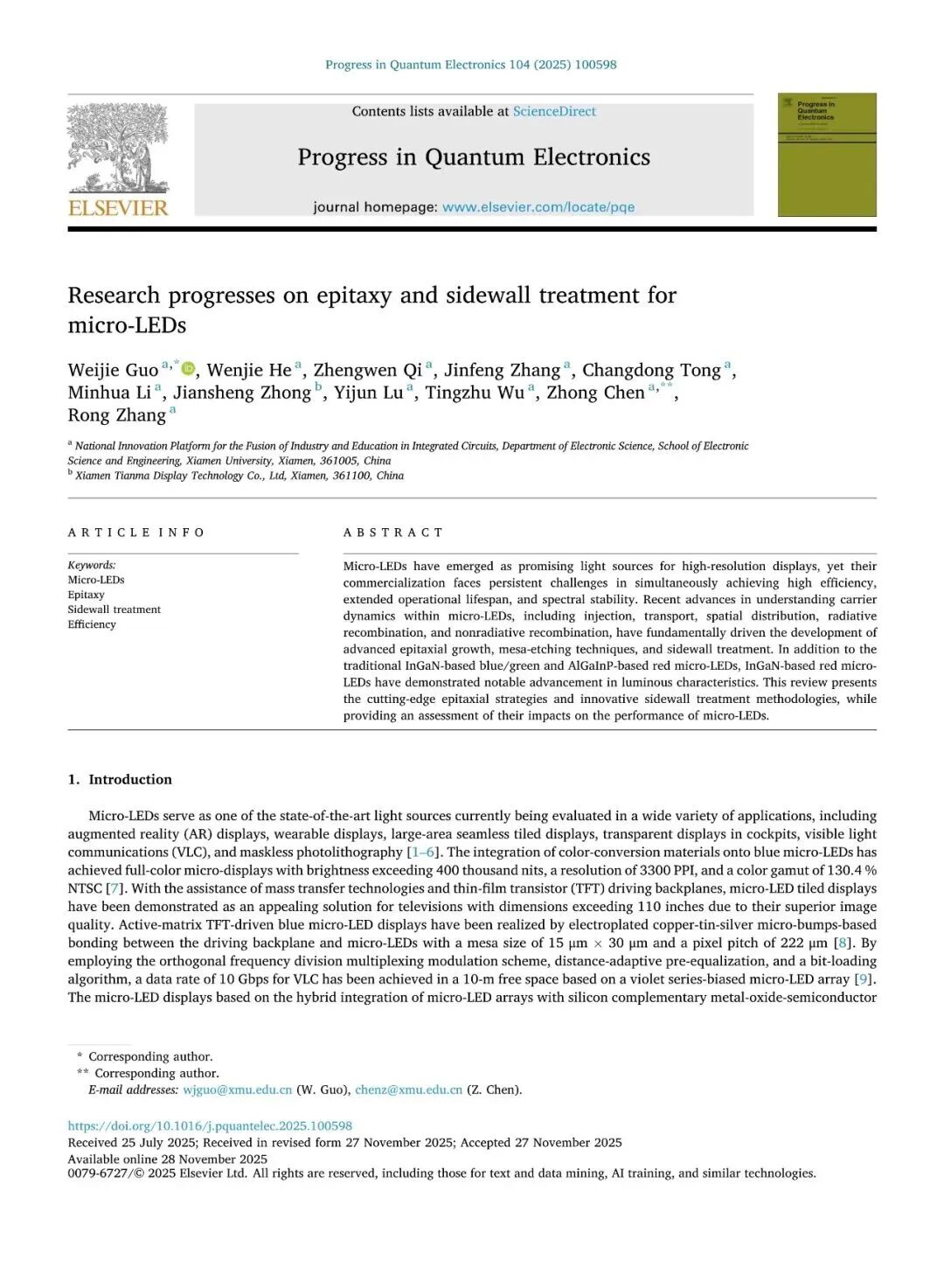 厦门大学张荣/陈忠/郭伟杰团队应邀发表Micro-LED研究最新进展综述-厦门大学电子科学与技术学院(国家示范性微电子学院)